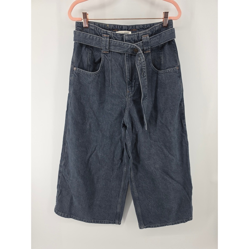 Banana Republic Wide Leg Belted Denim Jeans Dark Wash Cotton Linen Blend Size 28